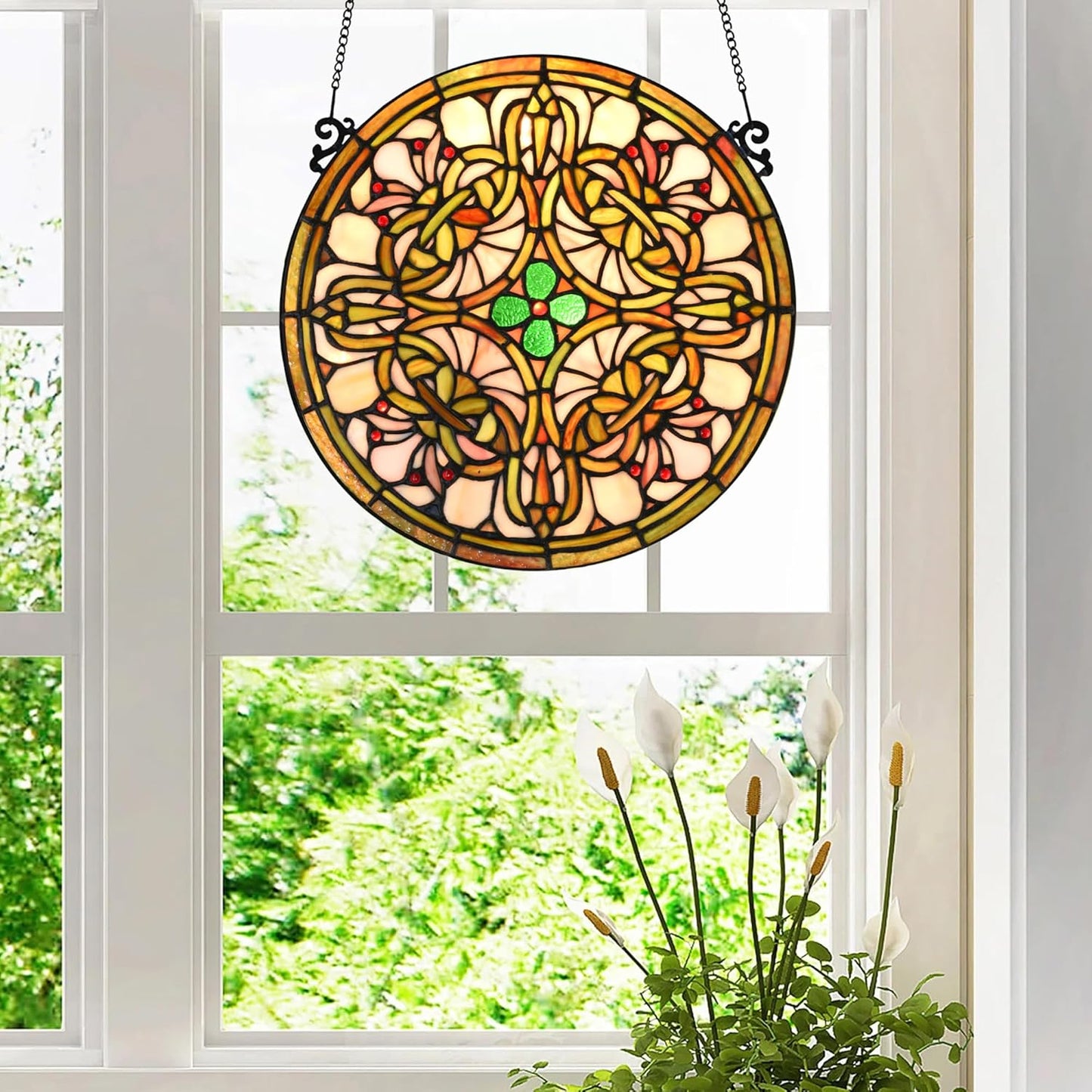 Tree of Life Tiffany Style Stained Glass Window Panel (KP122N), Yellow Sun Flower Design, Round Hanging Decorative Panel, 12" Diameter