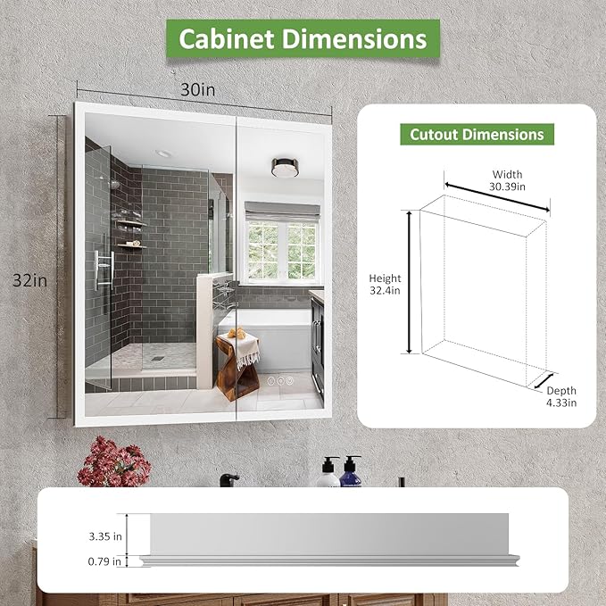 Medicine Cabinet with Lights, Bathroom LED Mirror Cabinet with Storage, Anti-Fog & 3 Color Lights, Recessed or Wall Mounted (30X32 in)