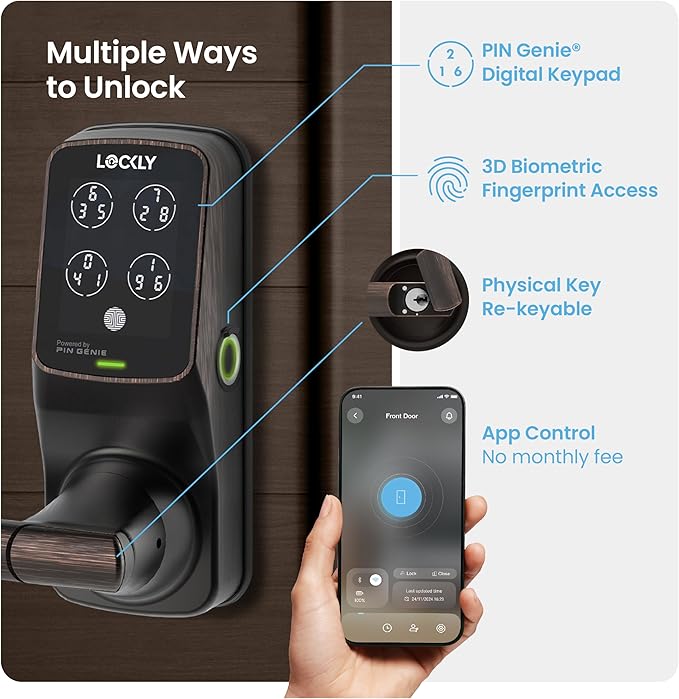 Lockly Secure Pro Smart Lock Wi-Fi, Keyless Entry Digital Keypad Door Lock, 3D Biometric Fingerprint Sensor Front Door with Handle, Voice Control & Auto Lock - Latch Edition