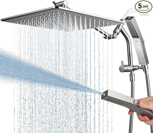 G-Promise All Metal 12 Inches Rain Shower Head with Handheld Built-in Power Wash Mode, 3-way Diverter with Pause Setting, 11 Inches Adjustable Extension Arm with Lock Joint, Long Hose (Brushed Nickel)