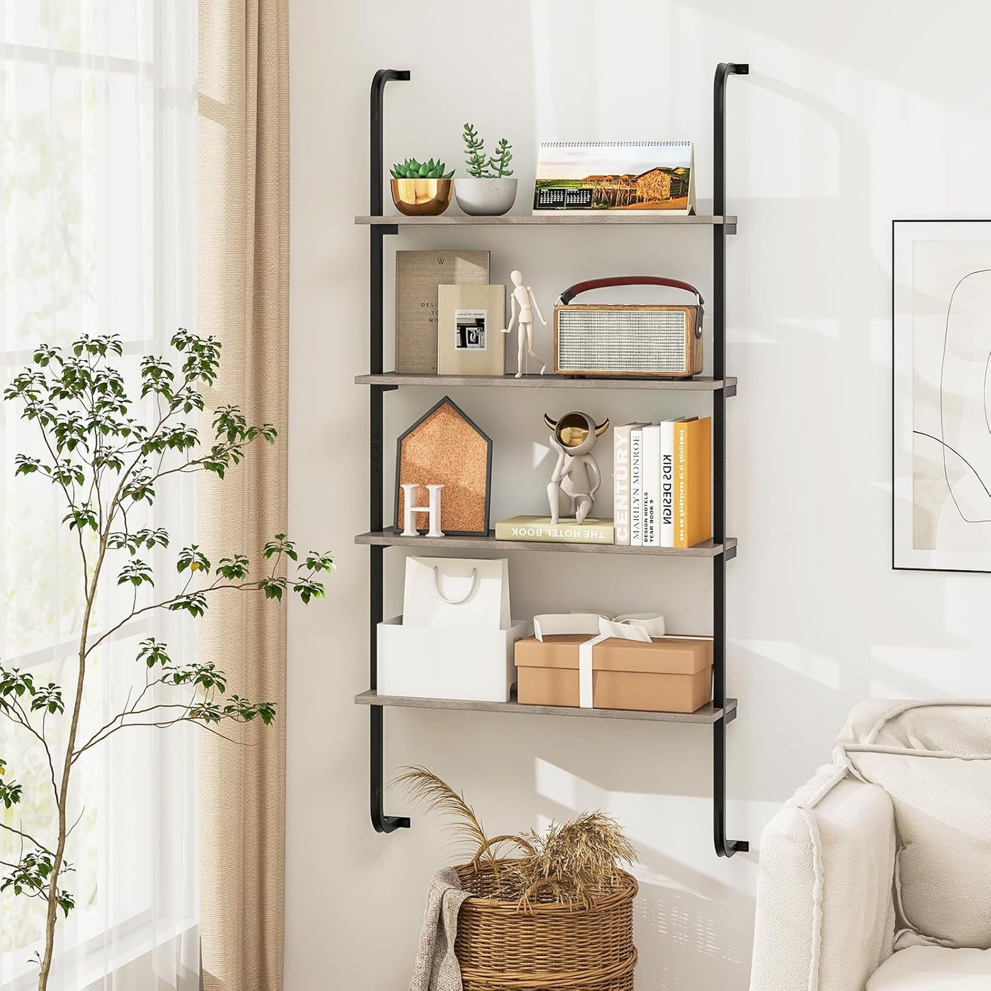 Giantex 4-Tier Industrial Bookshelf, Wall Mounted Pipe Shelving Unit, Floating Shelves with Metal Frame, Hanging Wall Display Shelf, Wood Ladder Bookshelf for Living Room, Kitchen,Gray Oak