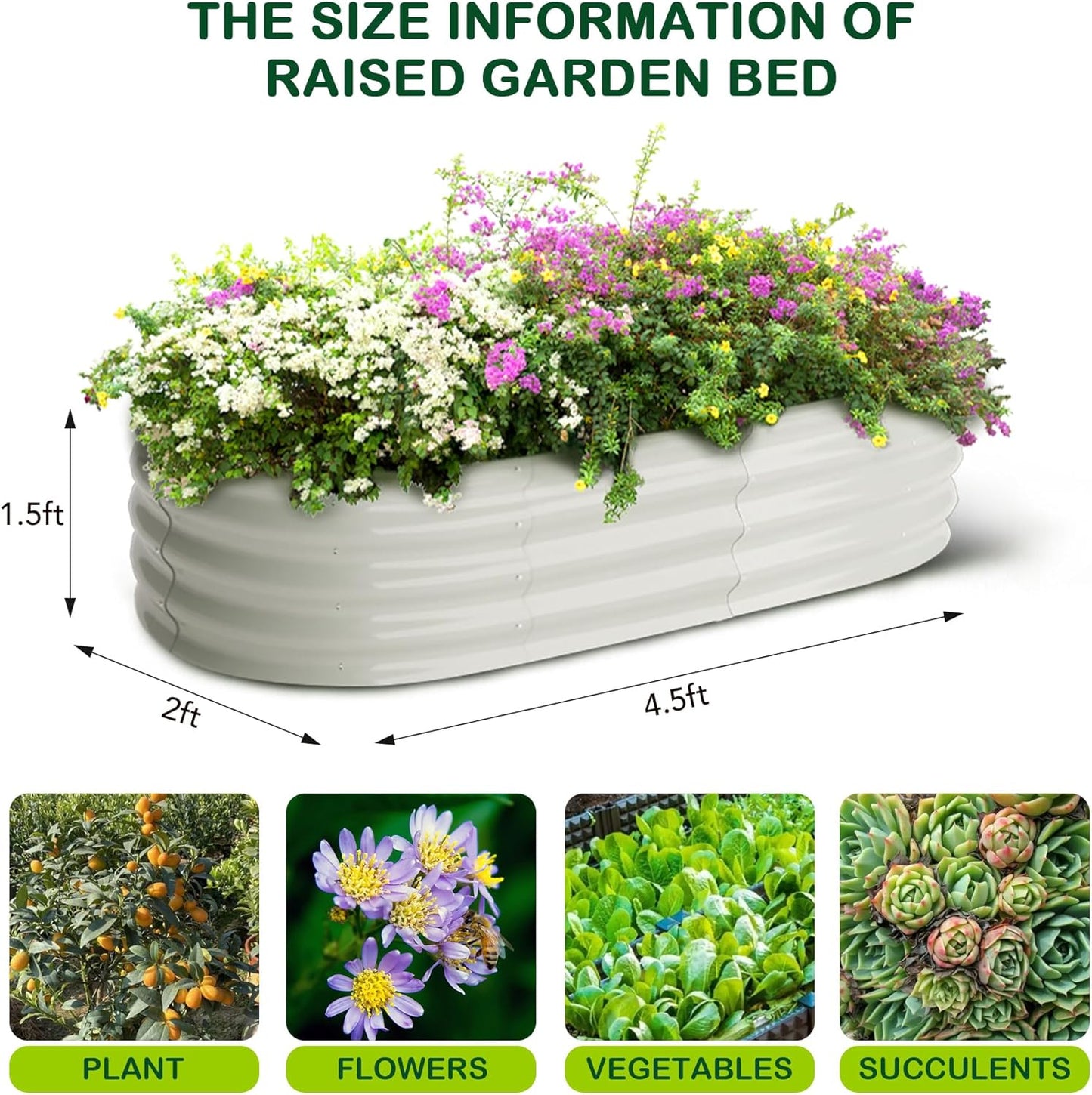 2 Pcs 4.5x2x1.5ft Oval Raised Garden Bed,Galvanized Raised Beds,Open-Ended Base Metal Raised Planter Beds,Garden Bed Outdoor,Planter Raised Boxes for Vegetables,Flowers,Tool-Free Asse,White