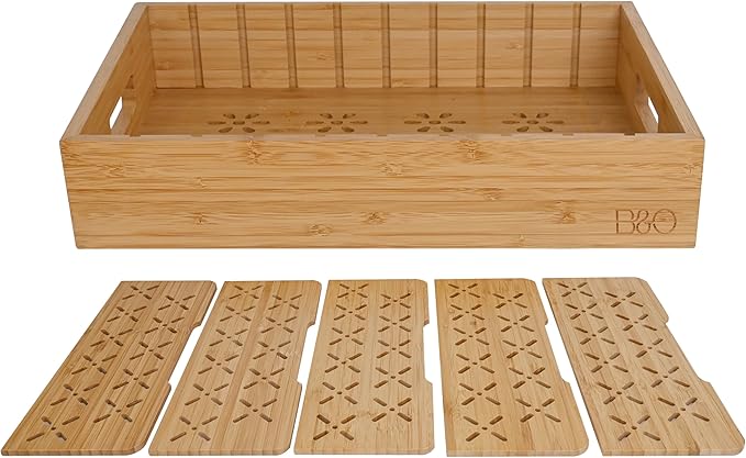 Natural Bamboo Storage Tray with 5 Custom Dividers, Deep Drawer Organizer for Kitchen, Small Cabinets, Home Office & Living Room
