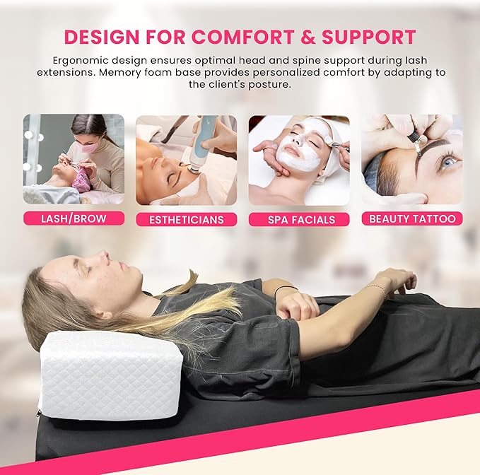 Pillow for Eyelash Extensions - Curved Memory Foam Lash Bed Pillow with Neck and Back Support, Perfect Pillow for Eyelash Extensions, Two Pockets for Tools On The Sides of Pillow (White)