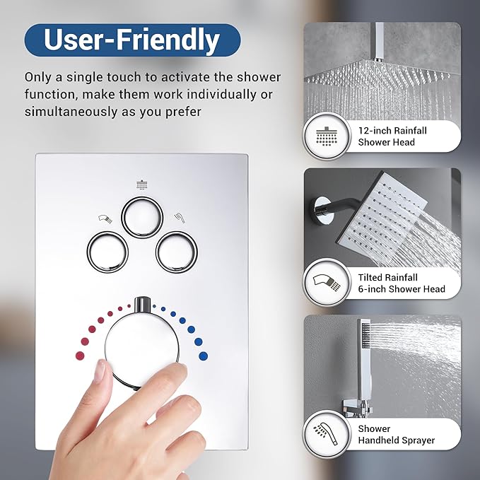 Thermostatic Dual Shower Heads System with Ceiling 12-Inch Rainfall Shower & Wall Mount 6-Inch High Pressure Shower Head, Bathroom Chrome Shower Faucet Set with Handheld Sprayer