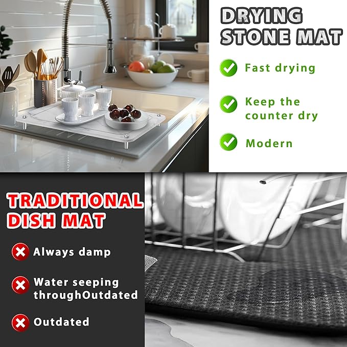 Stone Drying Mat for Kitchen Counter , IPOW Diatomaceous Dish Drying Mats Superb Absorbent，Heat-ResistantFast Drying Stone Mat Kitchen with Non-Slip Stainless Steel Feet（White）