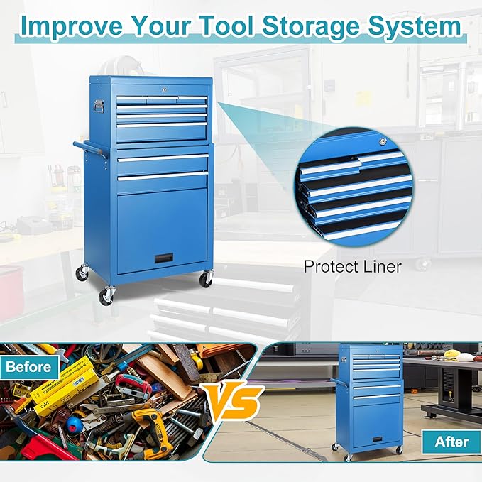 Tool Chest 8 Drawers Garage Storage Cabinet 2 in 1 Steel Frame Tool Chest with Wheels, Liner, Detachable Top, Lockable Wheels and Side Hooks for Garage, Blue