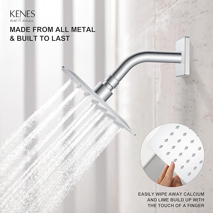 KENES Polished Chrome Tub and Shower Trim Kit, Modern Shower Faucet with Single-Spray Square Stainless Rain Shower Head, Shower Trim Chrome, KE-6025A-5 (Shower Valve Included)