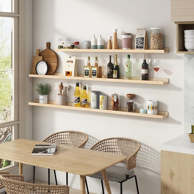 Picture Ledge Shelf, Floating Shelves Set of 2, Solid Pine Wood 55'' Long Large Nursery Book Shelves for Toys Storage, Kids Bookshelf for Living Room Bedroom Decor Books Photo Frames, Natural