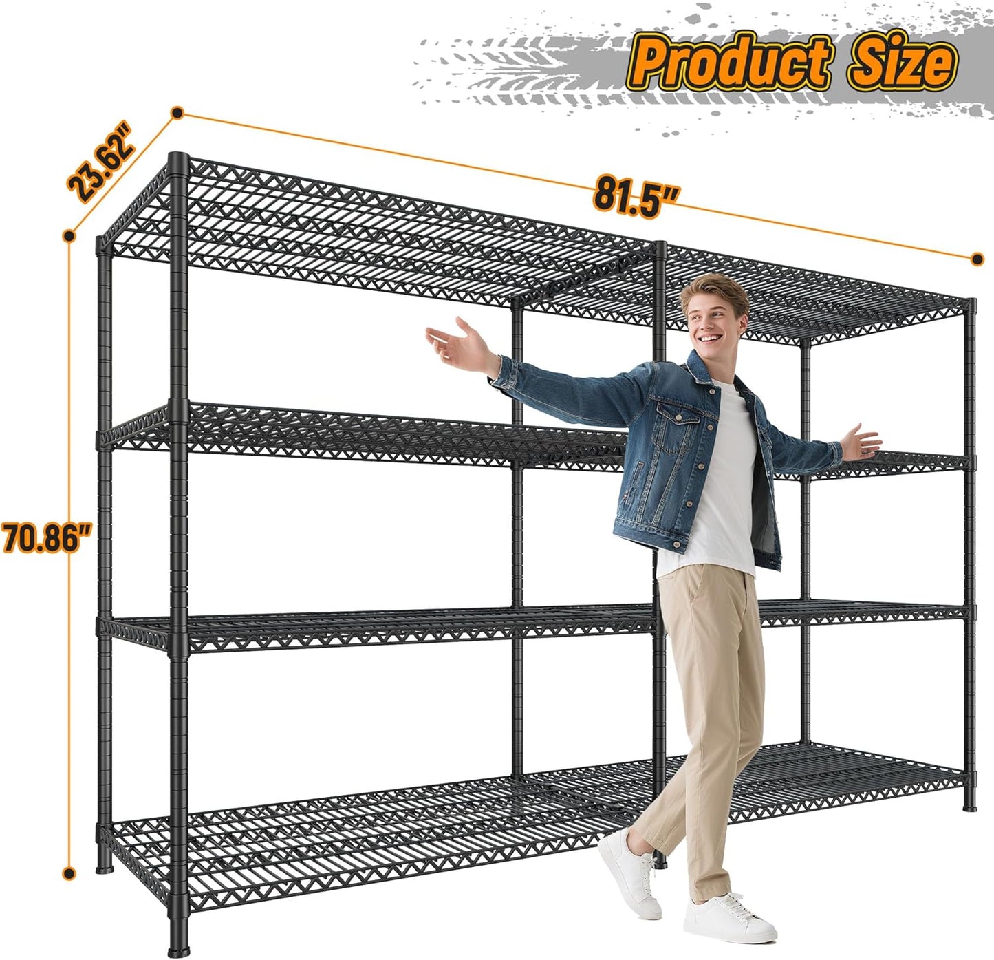 REIBII 81.5''W Storage Shelves 3680LBS Garage Shelving Heavy Duty 4 Tier Metal Shelving Unit Adjustable Wire Shelf and Storage Pantry Shelves for Kitchen Garage，81.5Wx23.62Dx70.86H，Black