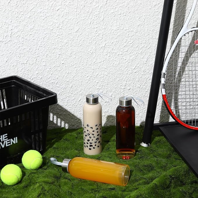 Crazy Music 32 oz Clear Glass Water Bottles,Reusable Glass Juicing Bottles with Stainless Steel Leak Proof Lids -16 oz Sports Water Bottle with Time Marker for Gym, Sports, Outdoors(32 Oz Gold