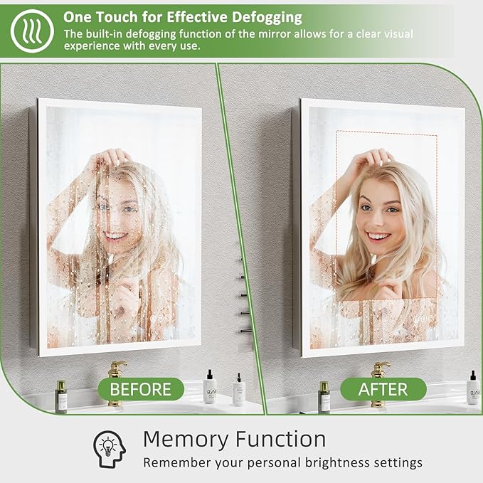 Medicine Cabinet with Lights, Bathroom LED Mirror Cabinet with Storage, Anti-Fog & 3 Color Lights, Recessed or Wall Mounted (24X32 in)