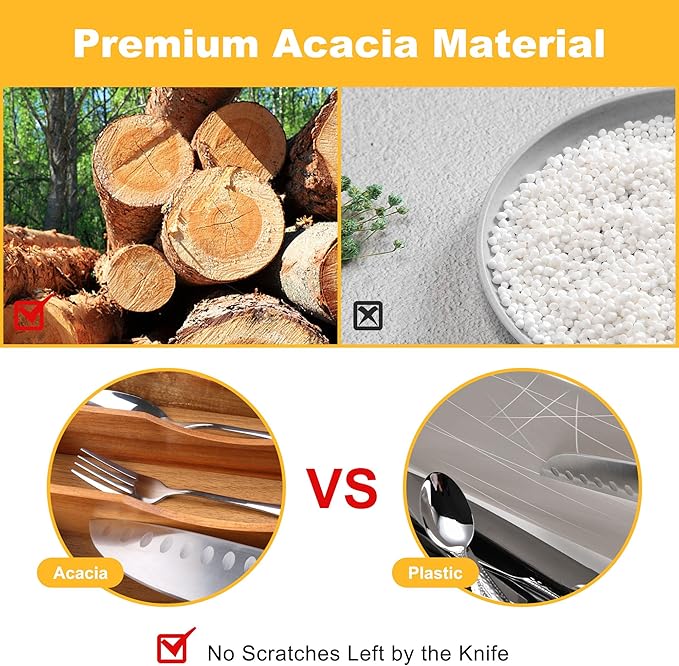 Kitchen Acacia Silverware Organizer - Extra Deep Grooved Drawer Divider, 7 Slot Utensil Organizer