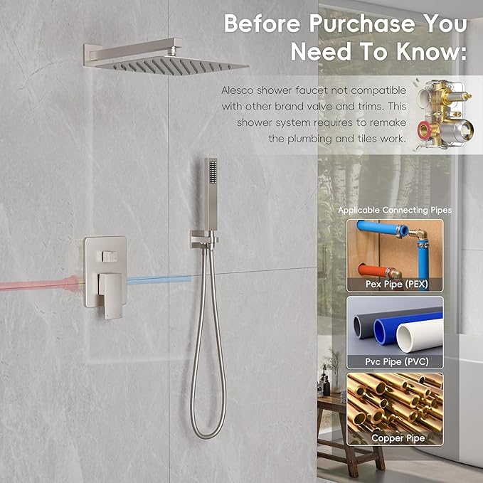 Alesco Shower Faucet Set, Brushed Nickel Shower System with 12-Inch High-Pressure Rainfall Showerheads and Handheld Spray combo, Showerfixture Include Valve and Trim Kit, Brushed Nickel