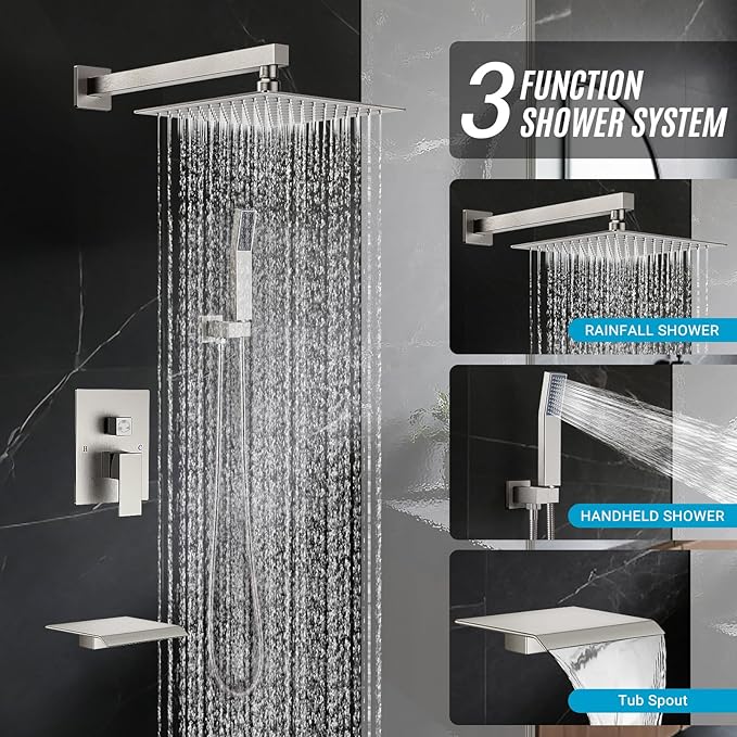 Rain Shower Faucet Set Wall Mounted Rainfall with Tub Spout Shower Head System Rough-in Valve Body and Trim Included Brush Nickel (10 Inches)