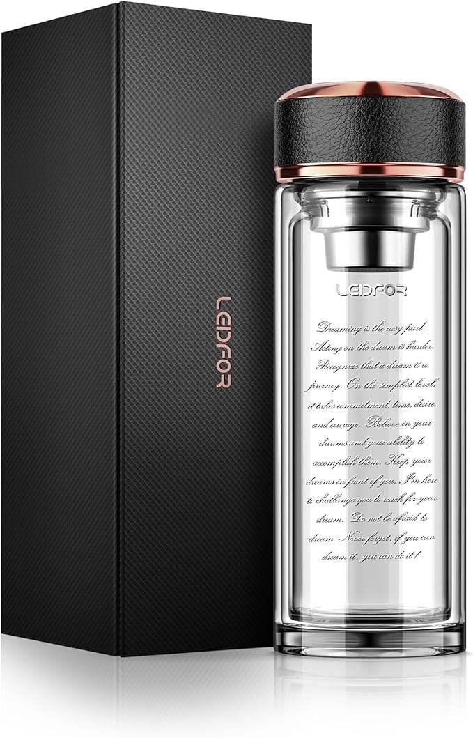 Tea Tumbler with Infuser - BPA Free Double Wall Glass Travel Tea Mug With Stainless Steel Filter - Leakproof Tea Bottle with Strainer for Loose Leaf Tea and Fruit Water 17 oz (Clear)