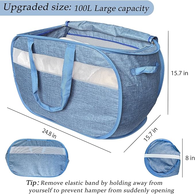 Upgraded 100L Extra Large Mesh Pop Up Laundry Hamper with Lid and Handles. XL Closet Storage Bins, Dirty Clothes Basket for Dorm Home, Foldable Laundry Basket. Blue. H