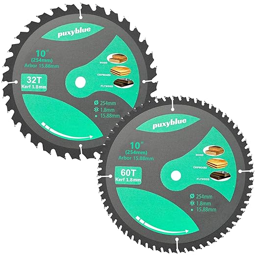Puxyblue 2 Pack 10 Inch 32&60T Circular Saw Blade with 5/8" Arbor, TCT Trim Saw Blade for Wood, Plastic and Composite Materials