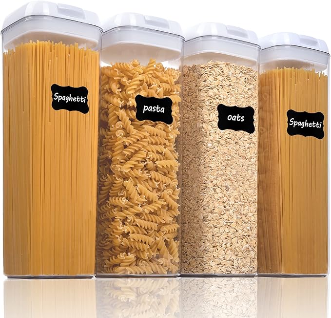Vtopmart 4 PCS Airtight Food Storage Containers, BPA Free Plastic Spaghetti Pasta Containers with Easy Lock Lids, for Kitchen Pantry Organization and Storage, Include 24 Labels, 1.8L