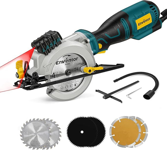 Enventor Mini Circular Saw, 5.8A 4-1/2" Electric Circular Saws with 6 Saw Blades, Laser Guide, Max Cutting Depth 1-11/16"(90°), 1-1/8"(45°) for Soft Metal, Wood, Tile, Drywall, Plastic Cutting