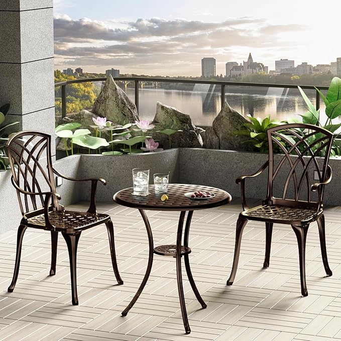 Patio Bistro Set 3 Piece, Cast Aluminum Bistro Set for 2 w/Umbrella Hole, Outdoor Table and Chairs Set of 2, Bistro Set for Balcony/Backyard/Garden, Bronze