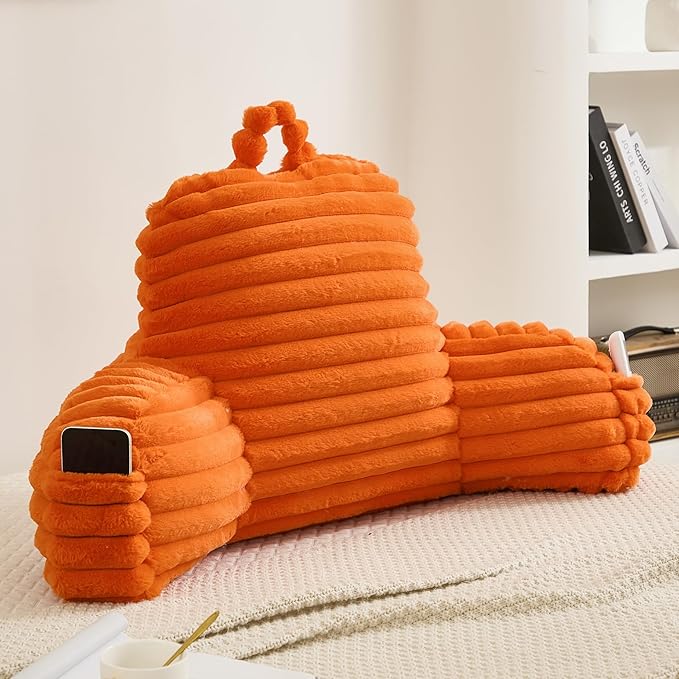 Faux Fur Fluffy Orange Reading Pillow with Pockets, Luxury Striped Plush Decorative, Arm Rests and Back Surport for Bed Rest, Lounging on sofa, Large