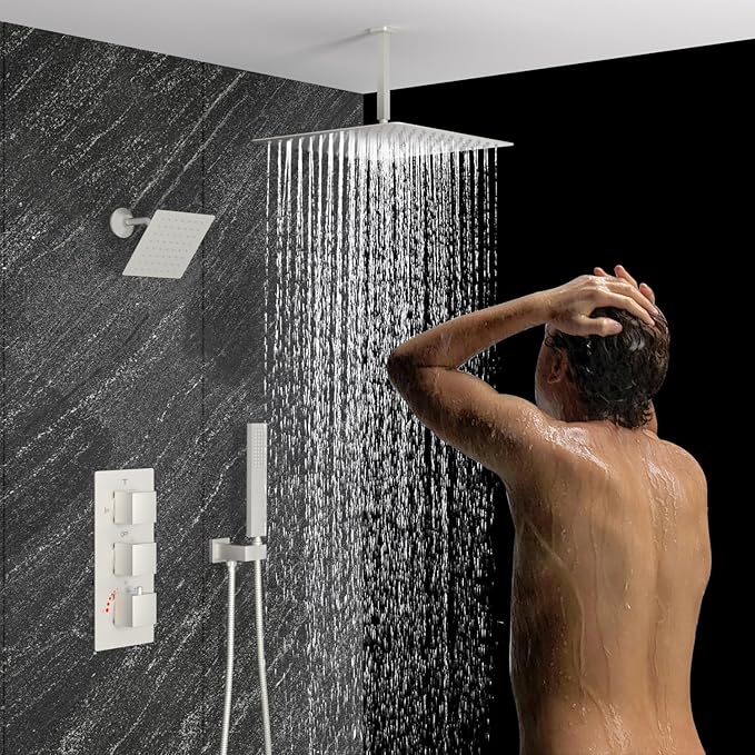 Enga Dual Rain Shower Head System, 16 Inch Ceiling Mount Shower Head with 6 Inch Wall Mount Shower Head Full Body Thermostatic Shower Faucet Set, Brushed Nickel