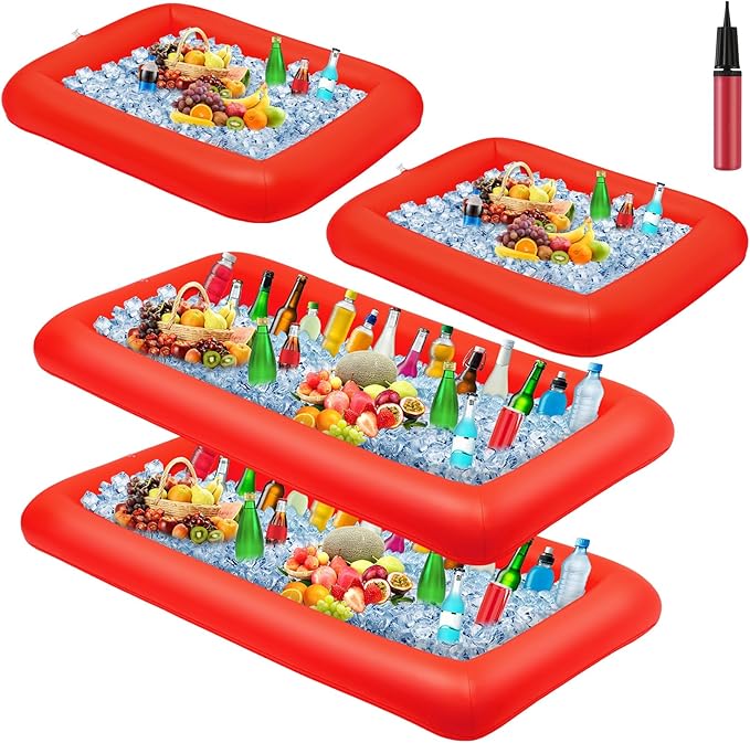 Leitee 4 Pcs Inflatable Ice Serving Bars Buffet Serving Tray Drink Cooler for Pool Party Inflatable Ice Tray Floating Food Drink Containers with Drain Plug and a Hand Pump, 2 Sizes (Red)