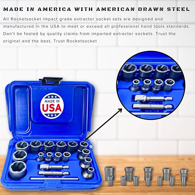 18-Piece Bolt Extractor Set | Made in USA Turbo Sockets for Stripped, Rounded, Rusted Bolts & Nuts | Impact Grade 1/4" & 3/8" Drive Lug Nut & Bolt Remover Kit | Nut Extractor Socket Set