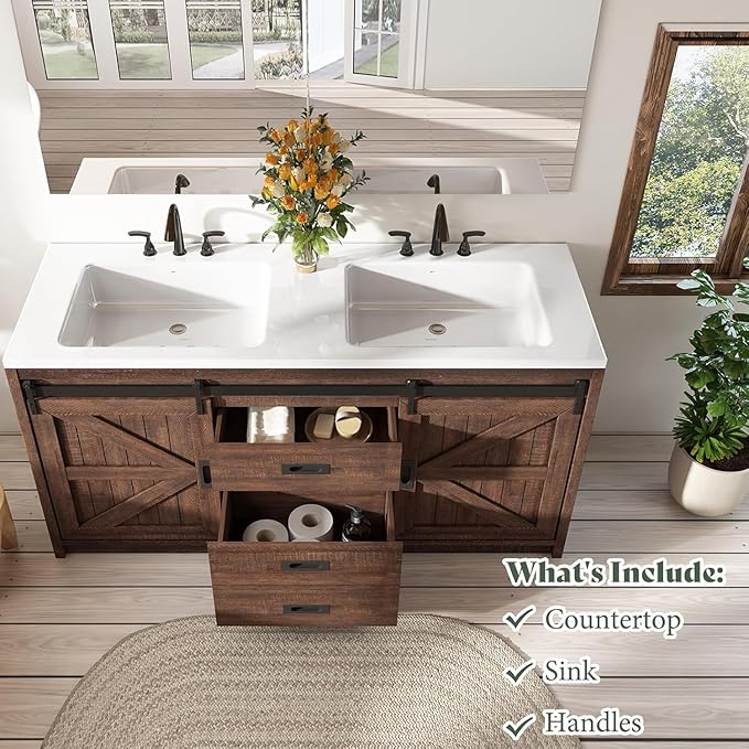 60" Farmhouse Bathroom Double Vanity Sliding Barn Door with Sink Combo, Freestanding, Bathroom Vanity Cabinet with Drawers & Metal Handles, Reclaimed Barnwood