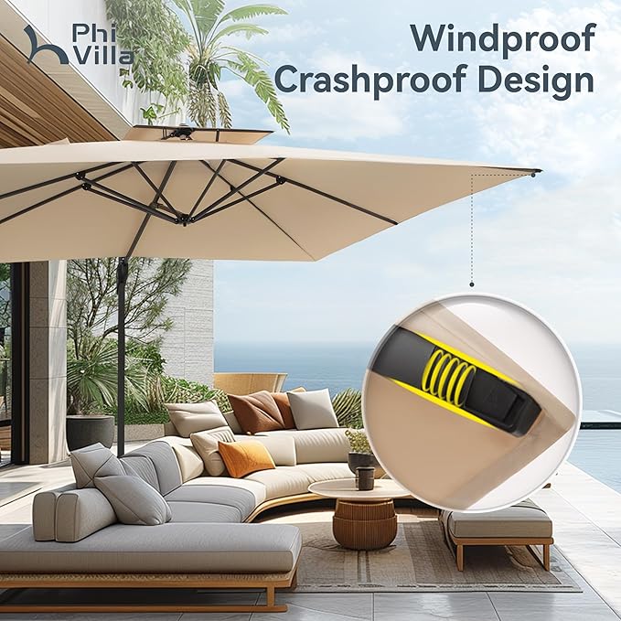 PHI VILLA 9’ x 12’ Cantilever Patio Umbrella with Base, Outdoor Rectangular Heavy Duty Large Umbrella with Hydraulic Lift and 360° Rotation, Beige