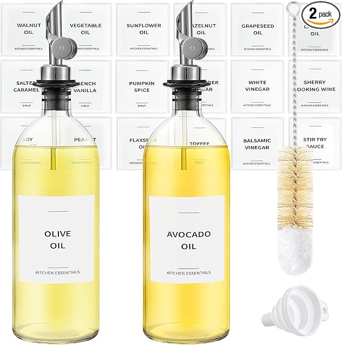 Olive Oil Dispenser Bottle - Includes 55 Kitchen Essential Labels - Cooking Oil Bottles for Kitchen, Coffee Syrup Dispenser - Pourer Spout with 16.9 fl oz Glass Container Cruet - 2pcs Silver