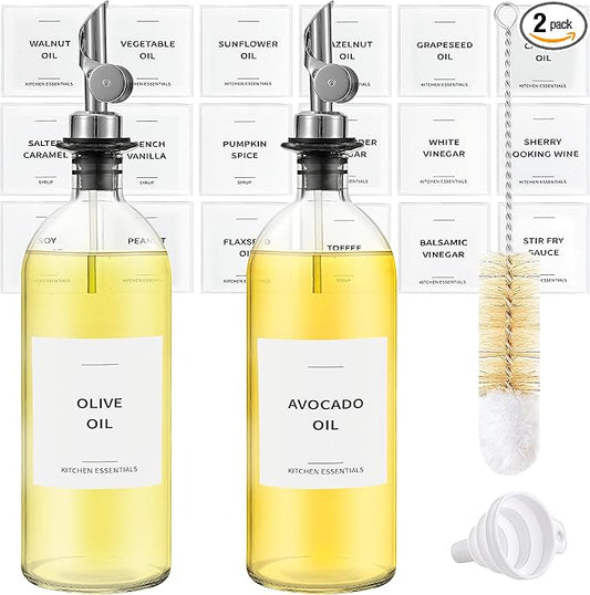 Olive Oil Dispenser Bottle - Includes 55 Kitchen Essential Labels - Cooking Oil Bottles for Kitchen, Coffee Syrup Dispenser - Pourer Spout with 16.9 fl oz Glass Container Cruet - 2pcs Silver