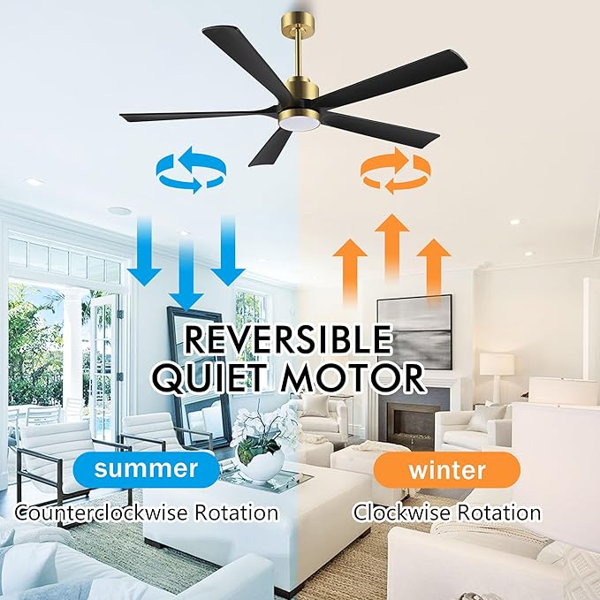 60" Modern Ceiling Fan with Light and Remote Control, 5 Solid Wood Blades 6-Speed Noiseless Reversible DC Motor, Ceiling Fan for Bedroom Dinning Living Room, Gold Finish with Black Blades
