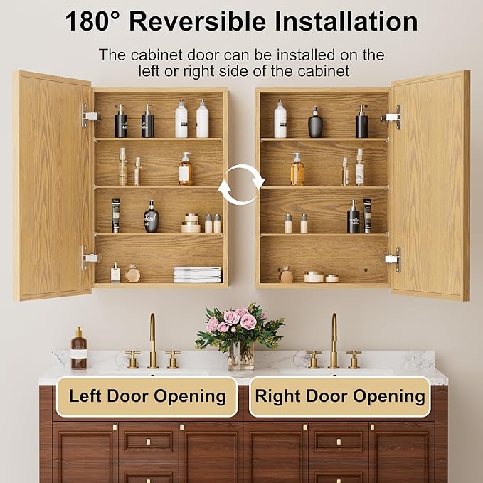 20x28 Inch Wooden Medicine Cabinet with Mirror, Surface or Recessed Mounted Bathroom Cabinets with Door, Adjustable Tempered Glass Shelves, Soft-Close Hinge, Wall Storage, Oak Wood Frame