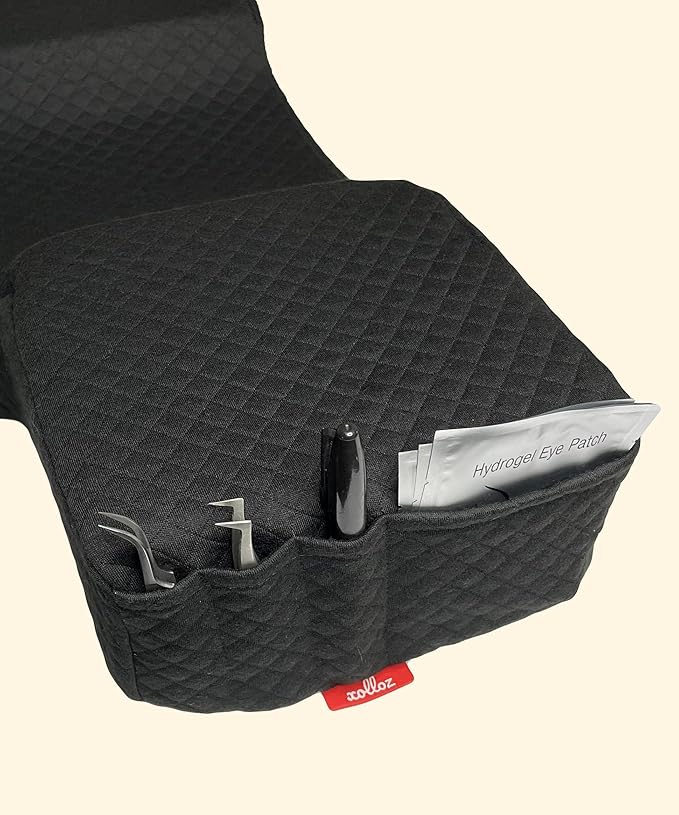 Pillow for Eyelash Extensions - Curved Memory Foam Lash Bed Pillow with Neck and Back Support, Perfect Pillow for Eyelash Extensions, Two Pockets for Tools On The Sides of Pillow (Black)