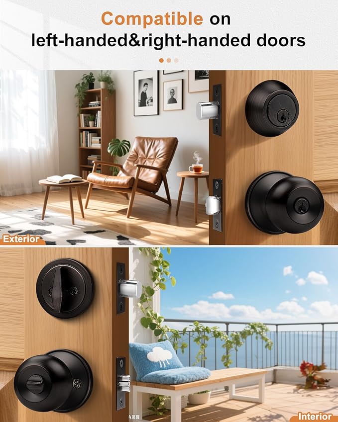 Probrico 3 Sets-Entry Door Knob Lockset and Single Cylinder Deadbolt Combination Set, Keyed Alike Front Handlesets in Oil Rubbed Bronze, Combo Pack Door Knobs Exterior,Contractor Pack