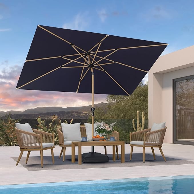 PURPLE LEAF 6.5' x 10' Patio Umbrella Outdoor Table Umbrella Aluminum Market Umbrella with Push Button Tilt & 8 Sturdy Ribs and Crank Rectangular Sun Umbrella for Pool Backyard Beach, Navy Blue