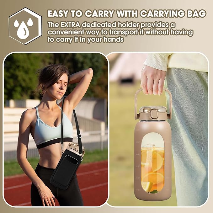 Glass Water Bottles 64 oz - Large Half Gallon Motivational Water Bottle with Time Marker Straw Phone Holder Handle, 64oz Daily Water Intake Jug with Silicone Sleeve for Office Work Gym Sandy Beige