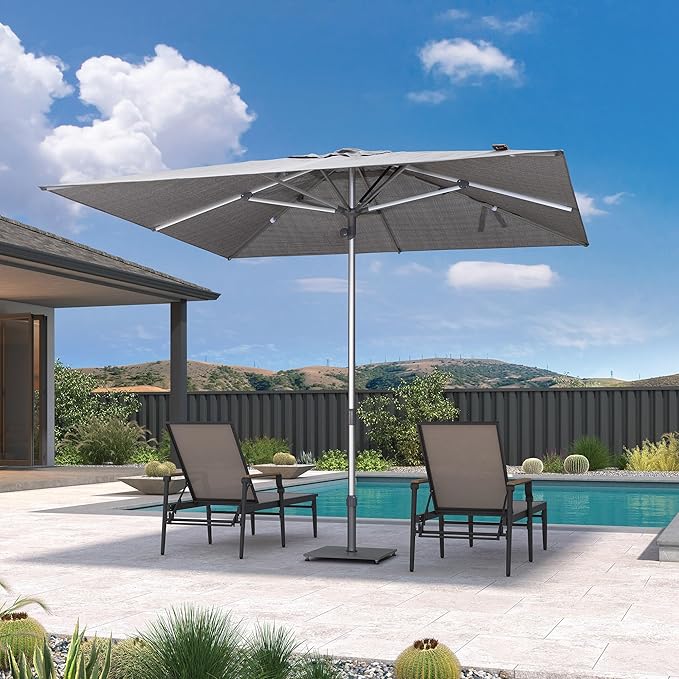 PURPLE LEAF 10 X 10 FT Semi-Auto Outdoor Patio Umbrella Market Table Sun Umbrellas with 8 Aluminum Sturdy Ribs for Backyard Deck Garden Pool (Silver Pole Gray Canopy)