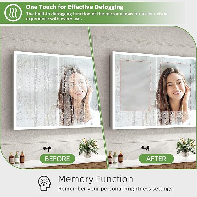 Medicine Cabinet with Lights, Bathroom LED Mirror Cabinet with Storage, Anti-Fog & 3 Color Lights, Recessed or Wall Mounted (60X32 in)