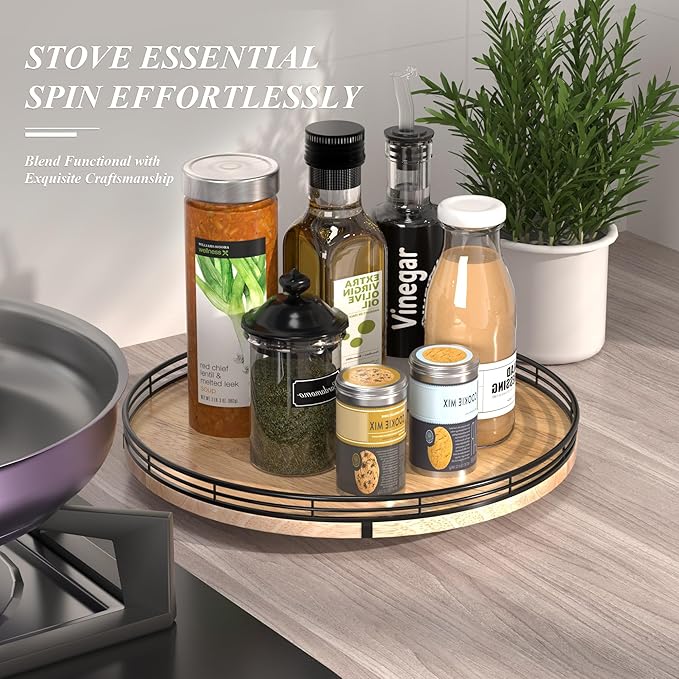 13" Lazy Susan Oak Wood Turntable Organizer for Cabinet, Farmhouse Round Wooden Lazy Susan Organization and Storage for Dining Table, Pantry, Kitchen, Bathroom, Countertop, Cupboard, Home Decor