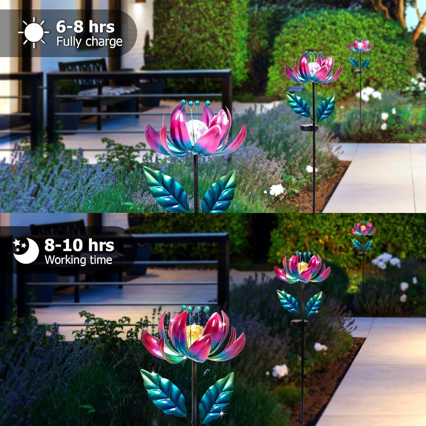 Solar Purple Metal Flower Wind Spinners, Colorful Spinning Windmill Lotus Yard Art Lights Wind Pinwheels with LED Crystal Ball Decorative Stake Lighting Flower Sculpture