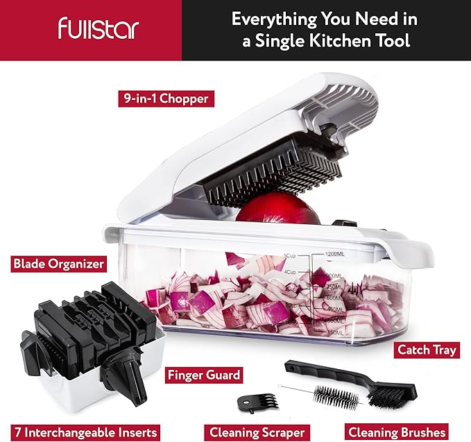 Fullstar Vegetable Chopper - Food Chopper - Onion Chopper - Vegetable Slicer & Spiralizer - Veggie Chopper with Container - Kitchen Gadgets - Home Essentials - Kitchen Accessories (9 in 1, White)
