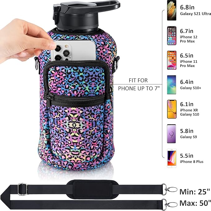 Fimibuke Half Gallon Water Bottle with Sleeve 64 OZ Water Bottle with Handle & Straw Leakproof Motivational Sports Gym Water Bottle with Time Marker BPA Free Water Jug with Reusable Neoprene Holder