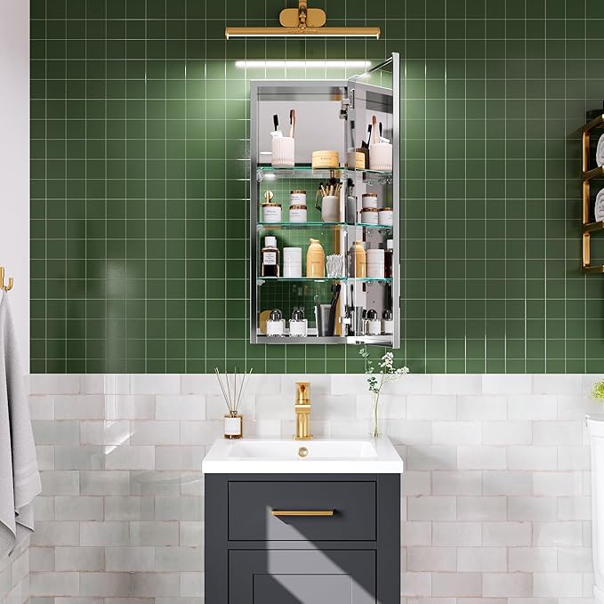 12’’×30’’ Medicine Cabinet for Bathroom, Storage Cabinet Vanity Mirror, Adjustable Shelves, Recessed/Surface Mount, Blum Hinge, Right Swing