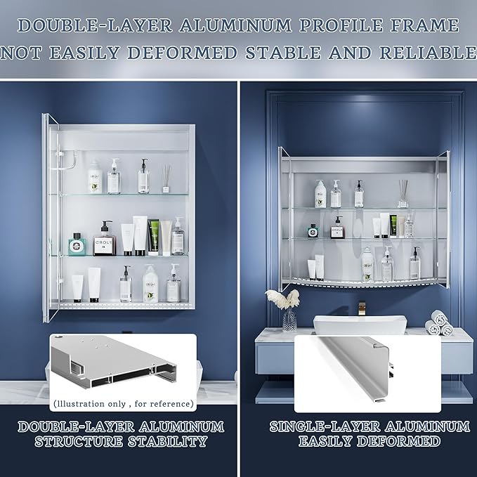 ExBrite Lighted Bathroom Medicine Cabinet, 20 x 26 Inch, Recessed or Surface led Medicine Cabinet, Defog, Stepless Dimming,Color Temper Change, 2 Outlets, Storage Shelves, Left Hinge