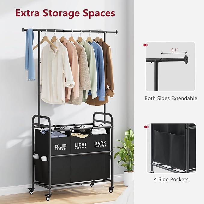 Tajsoon Laundry Sorter Cart with Hanging Rack, Laundry Sorter 3 Section, Laundry Hamper with Heavy Duty Rolling Lockable Wheels, Black