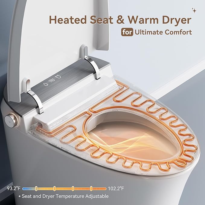 Smart Bidet Toilet with Auto Open/Close Lid, Touchless Auto Flush, Smart Toilet with Bidet Built in Elongated Heated Seat, Instant Warm Water & Dryer, Digital Display