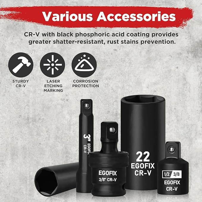 3/8" Drive Impact Socket Set, 50 Piece Standard SAE (5/16 to 3/4 inch) and Metric (8-22mm) 6 Point, with Adjustable Ratchet Handle, Extension Bars, Impact Universal Joint, Adapter, Cr-V Steel